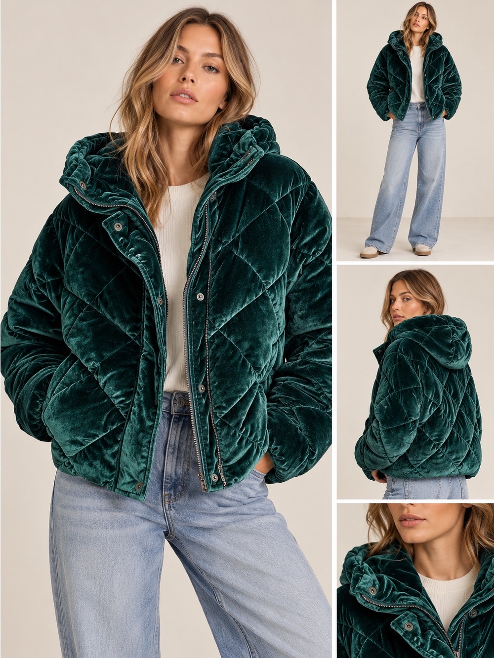 Jason Wu Emerald Velvet Quilted Puffer Hooded Luxe Women's Emerald Fall Winter M